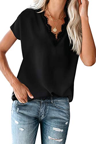 lime flare Women Sexy V Neck Lace Trim Satin T-Shirt Tops Dressy Silk Lacy Tank Blouse Shirt (Black Eyelash Lace Short Sleeve,X-L) - Image 5