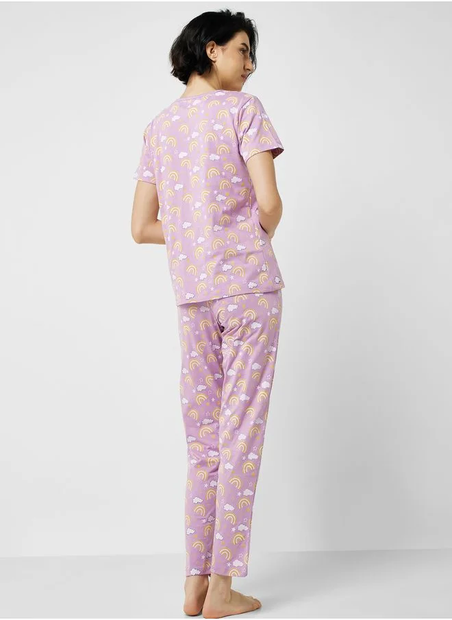 Ginger Printed T-Shirt And Pyjama Set