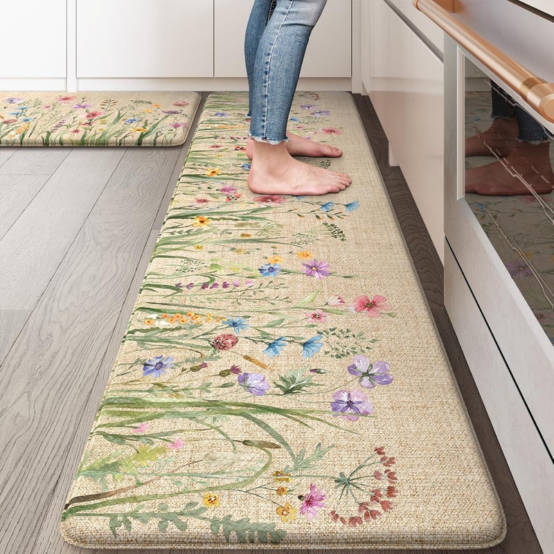 KIMODE حصائر مضادة للإرهاق لأرضية المطبخ 17"x59" + 17"x29"، سجادات مطبخ مزخرفة بالزهور، حصائر مطبخ من رغوة الذاكرة المبطنة، حصائر مريحة للوقوف للغسيل، المكتب، الحوض، المكتب بني - Image 1
