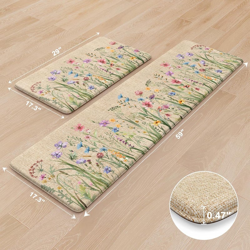 KIMODE حصائر مضادة للإرهاق لأرضية المطبخ 17"x59" + 17"x29"، سجادات مطبخ مزخرفة بالزهور، حصائر مطبخ من رغوة الذاكرة المبطنة، حصائر مريحة للوقوف للغسيل، المكتب، الحوض، المكتب بني - Image 3
