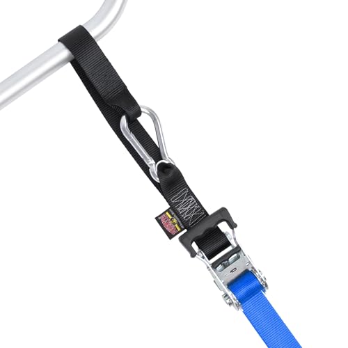PowerTye 1.5in x 6.5ft Heavy Duty Ratchet Tie-Down Straps with Soft-Tye and Carabiner Hooks - 1,000 lb Working Load Limit / 3,000 lb Breaking Strength - Made in USA - Blue/Black Pair - Image 3