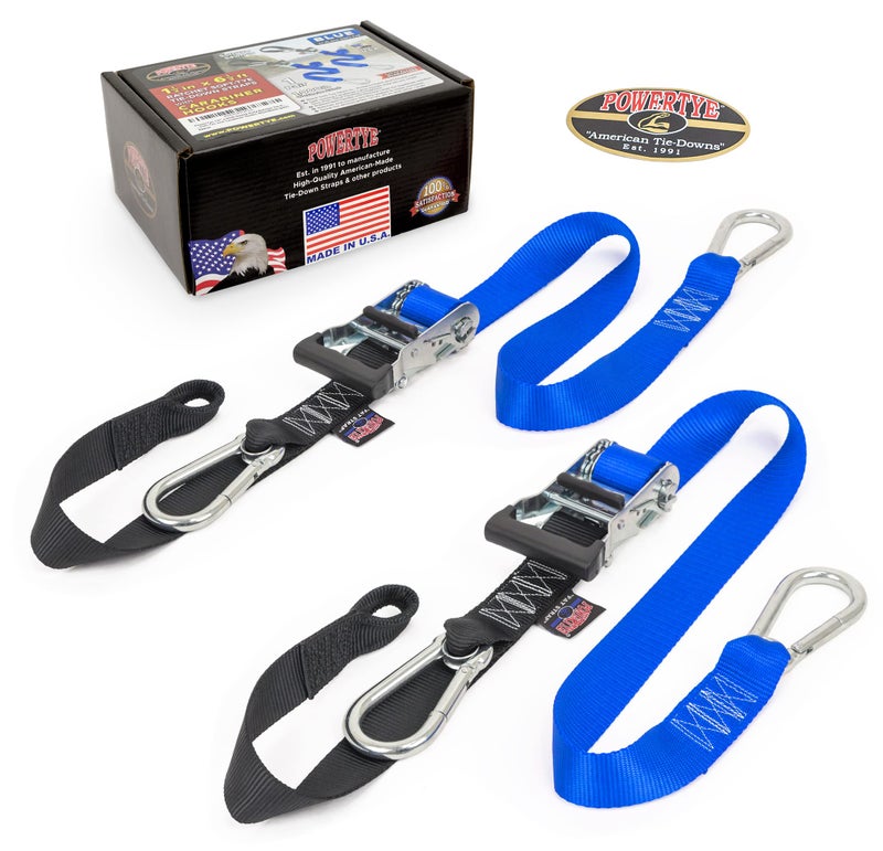PowerTye 1.5in x 6.5ft Heavy Duty Ratchet Tie-Down Straps with Soft-Tye and Carabiner Hooks - 1,000 lb Working Load Limit / 3,000 lb Breaking Strength - Made in USA - Blue/Black Pair - Image 2