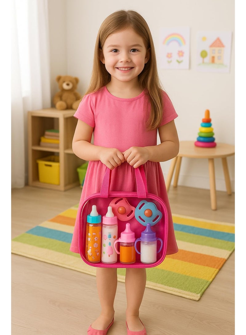 Halamodo مجموعة تغذية دمية الأطفال 6 قطع، لعربة الأطفال، مجموعة تغذية دمية طفليك الحلوة المختفيّة، زجاجتان للحليب والعصير مع ملقطين ألعابيين لدمايات الأطفال، مجموعة هدية للأطفال - Image 2