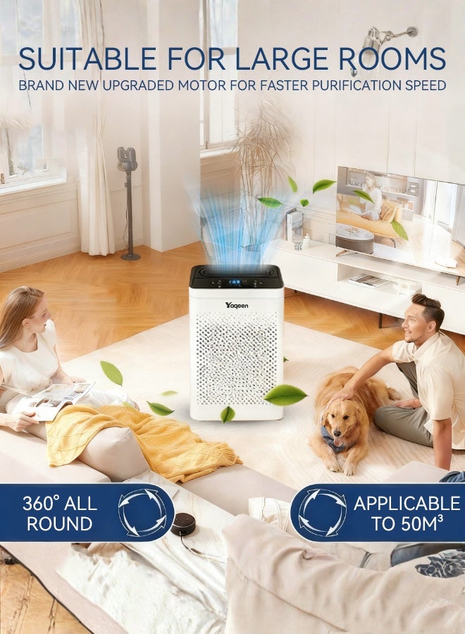 جهاز تنقية الهواء للمنزل، غطاء غرفة كبيرة 50 متر مكعب، منظف هواء مع مؤين PM 2.5، مستشعر جودة الهواء، فلتر H13 HEPA يزيل 99.99% من الملوثات/وبر الحيوانات الأليفة/غبار الدخان، فلتر هواء للمنزل، غرفة كبيرة، غرفة نوم، مكتب - Image 3