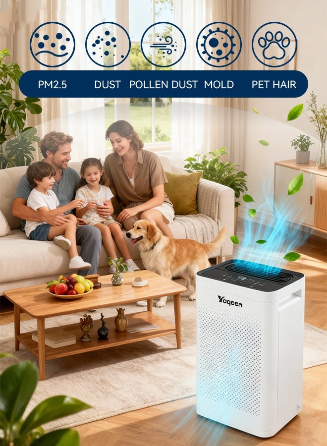 جهاز تنقية الهواء للمنزل، غطاء غرفة كبيرة 50 متر مكعب، منظف هواء مع مؤين PM 2.5، مستشعر جودة الهواء، فلتر H13 HEPA يزيل 99.99% من الملوثات/وبر الحيوانات الأليفة/غبار الدخان، فلتر هواء للمنزل، غرفة كبيرة، غرفة نوم، مكتب - Image 2
