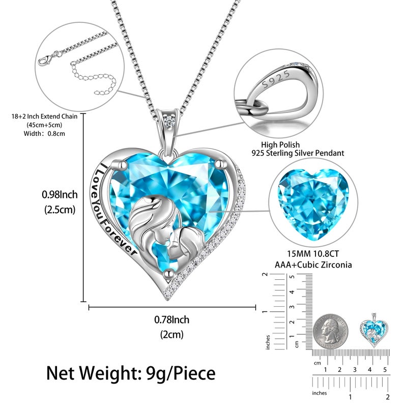 Juwaliy Women Heart Necklace for Mother Daughter 925 Sterling Silver Blue Aquamarine Birthstone Pendant Jewelry Mom March Birthday Mother's Day Gift - Image 5