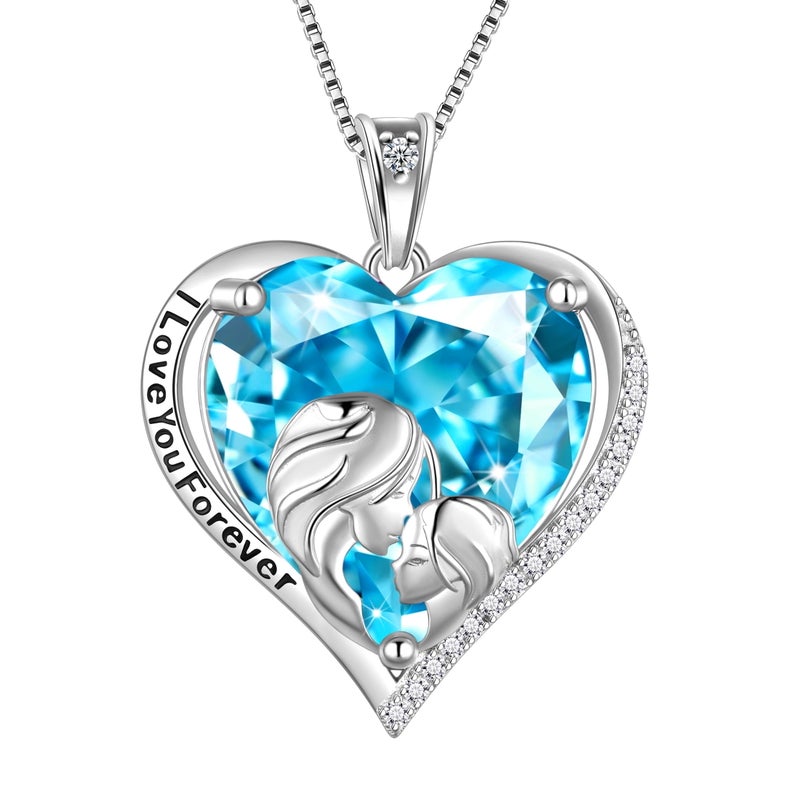 Juwaliy Women Heart Necklace for Mother Daughter 925 Sterling Silver Blue Aquamarine Birthstone Pendant Jewelry Mom March Birthday Mother's Day Gift - Image 1