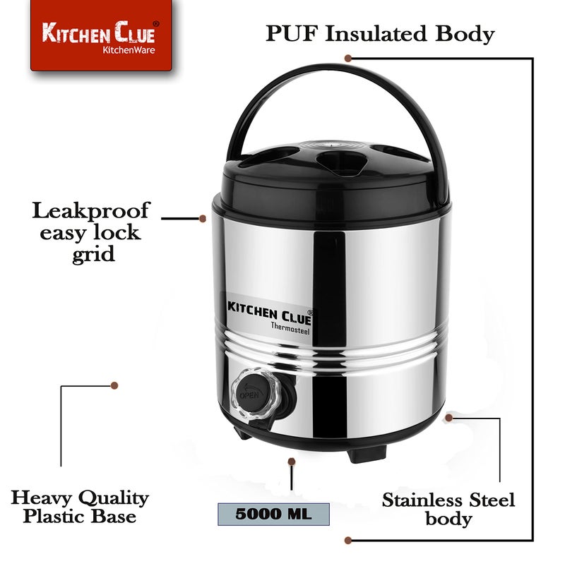 Kitchen Clue Stainless Steel Tea/Coffee/Water Jug Container for Office Home Kitchen I 5 Liters I PUF Insulated Water Pitcher with Stylish Leak-Proof Tap - Lightweight & Unbreakable I Silver - Image 3
