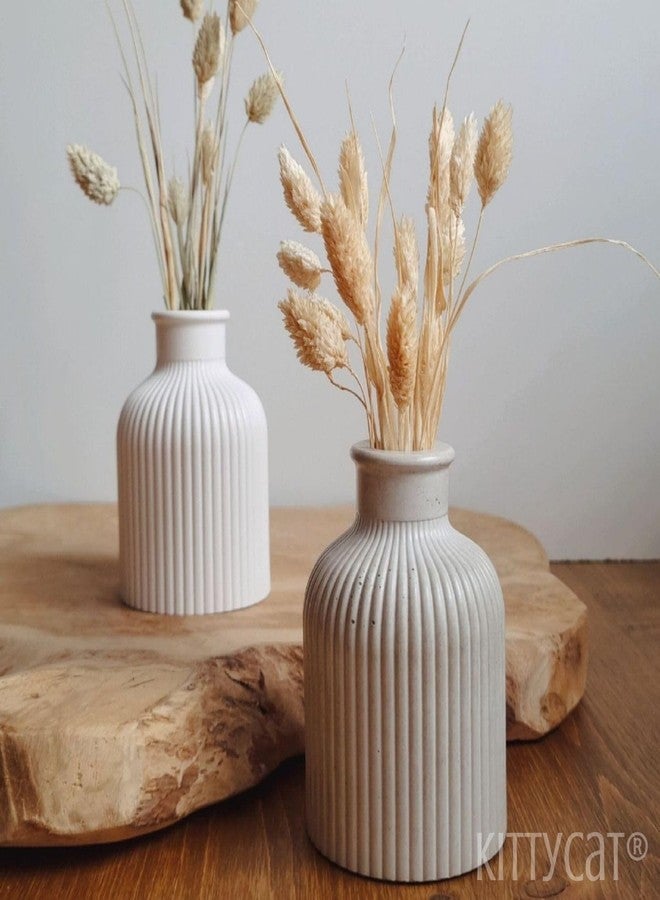 Kitty Cat® White Minimalist Concrete Strips Vase Modern Handmade Flower Vase for Pampas Grass, Dried Flowers | Aesthetic Centerpiece for Home Office Decor (10x7cm) (Ribbed Round Vase) - Image 5