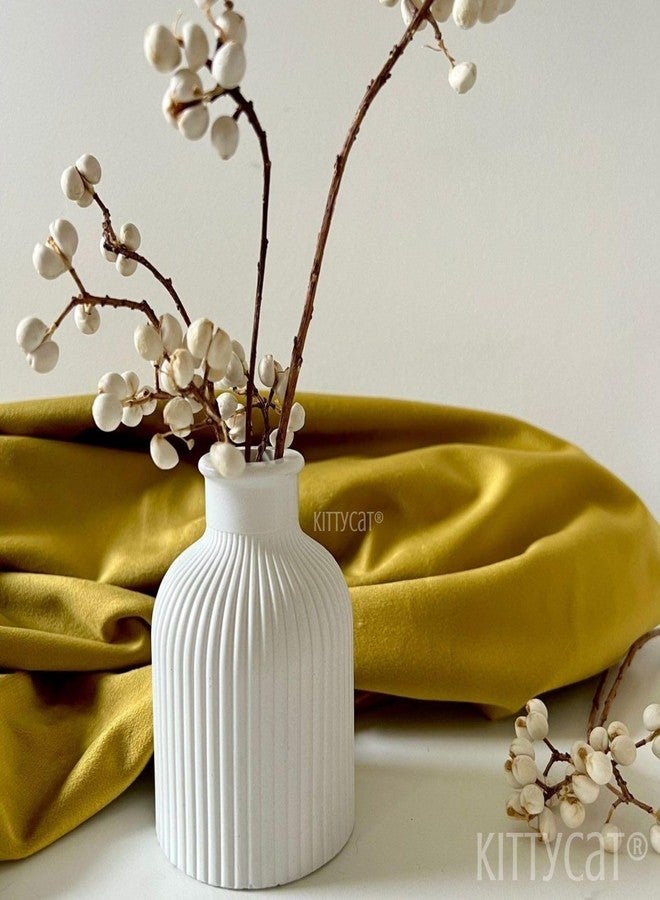 Kitty Cat® White Minimalist Concrete Strips Vase Modern Handmade Flower Vase for Pampas Grass, Dried Flowers | Aesthetic Centerpiece for Home Office Decor (10x7cm) (Ribbed Round Vase) - Image 3