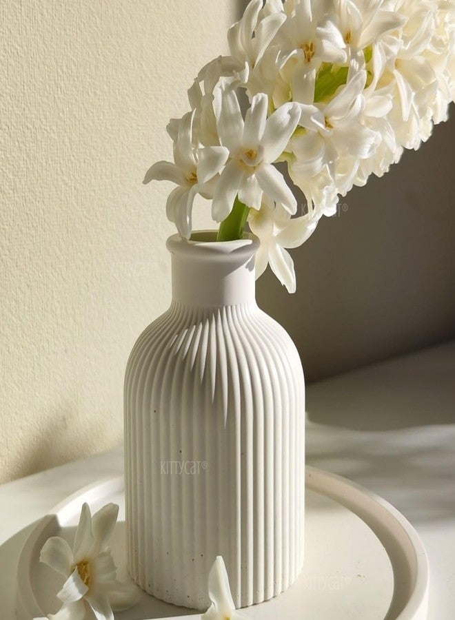 Kitty Cat® White Minimalist Concrete Strips Vase Modern Handmade Flower Vase for Pampas Grass, Dried Flowers | Aesthetic Centerpiece for Home Office Decor (10x7cm) (Ribbed Round Vase) - Image 1