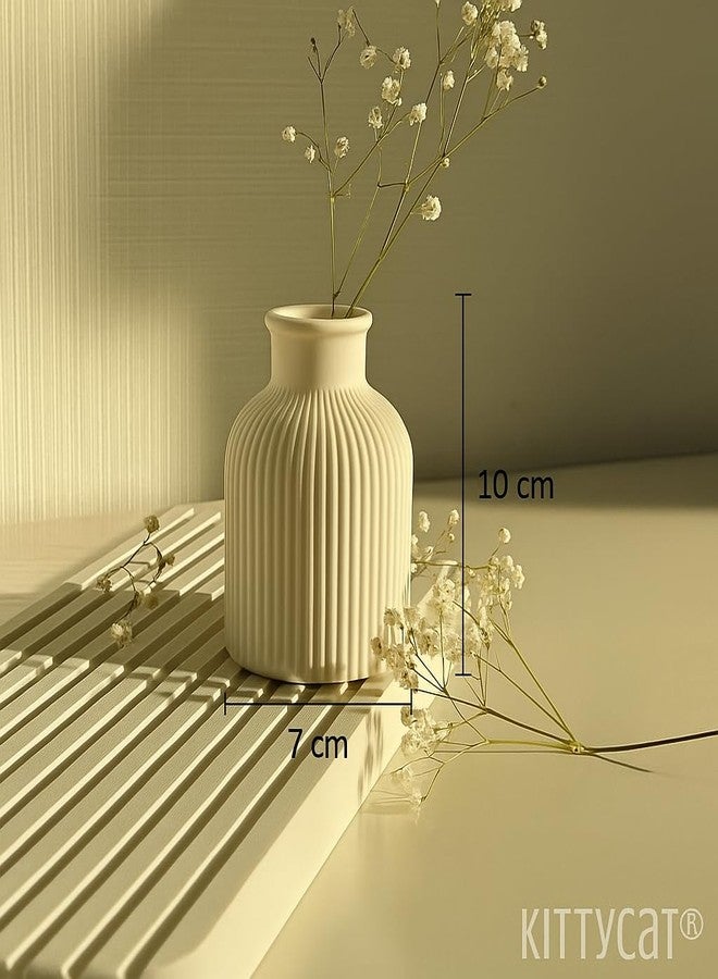 Kitty Cat® White Minimalist Concrete Strips Vase Modern Handmade Flower Vase for Pampas Grass, Dried Flowers | Aesthetic Centerpiece for Home Office Decor (10x7cm) (Ribbed Round Vase) - Image 2
