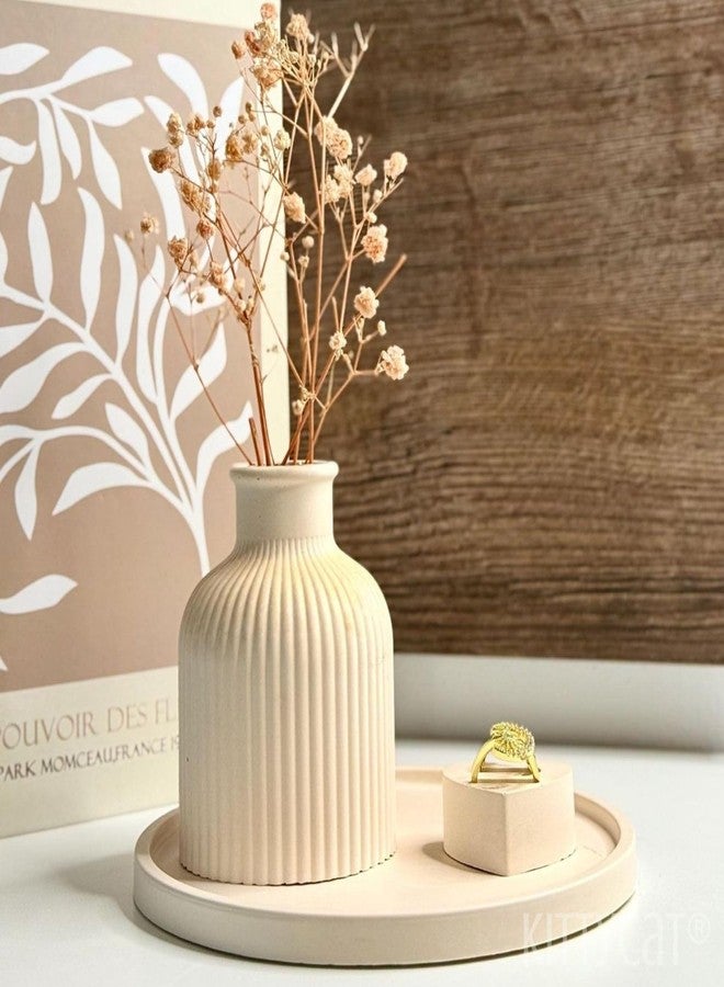 Kitty Cat® White Minimalist Concrete Strips Vase Modern Handmade Flower Vase for Pampas Grass, Dried Flowers | Aesthetic Centerpiece for Home Office Decor (10x7cm) (Ribbed Round Vase) - Image 4