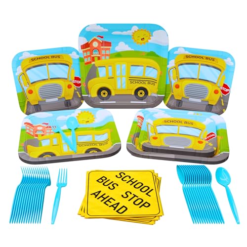 Blue Orchards School Bus Standard Party Packs 100 Pieces for 16 Guests School Bus Party Supplies School Bus Birthday Plates and Napkins School Graduation Decorations Transportation Party Blue Orchards - Image 1