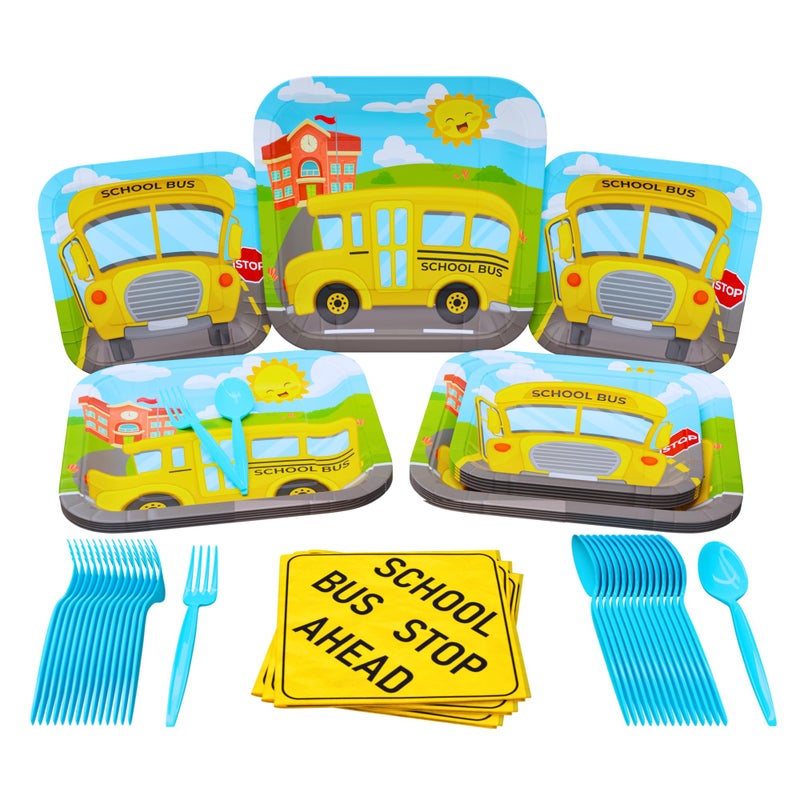 Blue Orchards School Bus Standard Party Packs 100 Pieces for 16 Guests School Bus Party Supplies School Bus Birthday Plates and Napkins School Graduation Decorations Transportation Party Blue Orchards - Image 2