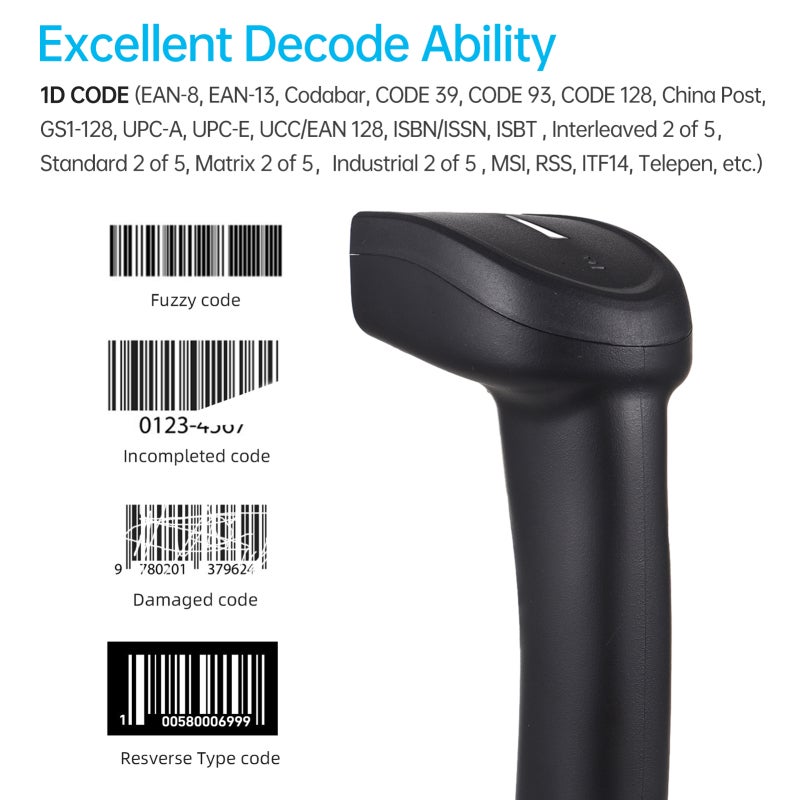 1. مسح رمز الشريط اللاسلكي بتقنية Bluetooth (1D) / محمول / موصل عبر USB بالسلك / قارئ رموز الشريط بتقنية CCD / مسح بالتشغيل اليدوي يدعم رموز الشريط على الورق والشاشة / متوافق مع أنظمة ويندوز وأندرويد وماك / مناسب للمحلات التجارية والمحلات البيع بالتجزئة والمكتبات - Image 2