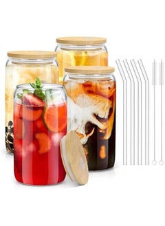 HOOKOR Glass Cups with Bamboo Lids and Straws, 16OZ Ice Coffee Cup, Drinking Cup set with Wooden Lids, Home Essential Glass Tumblers for Beer, Cocktail, Tea and Latte (4 Pack)  - Image 1