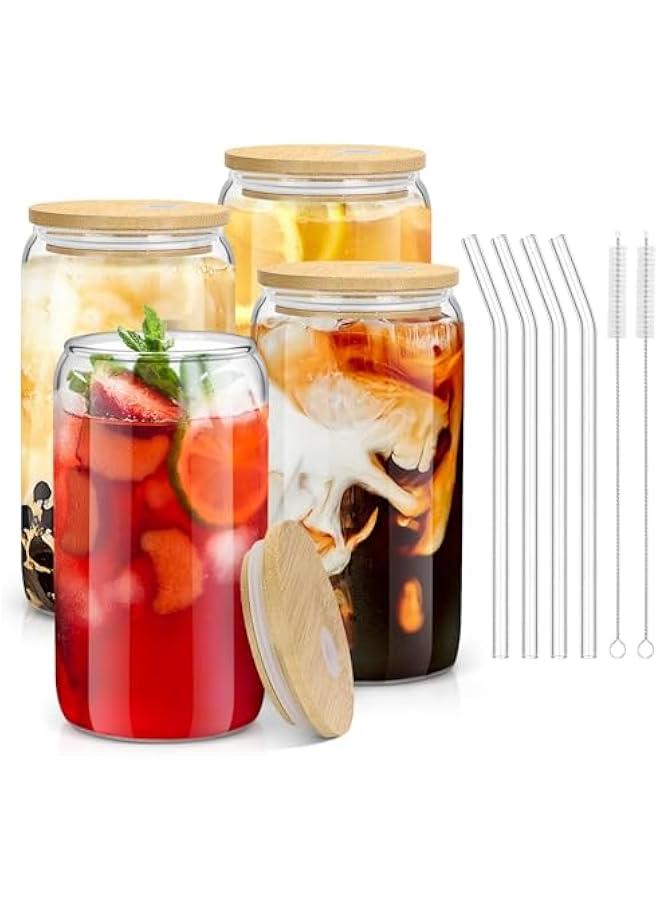 HOOKOR Glass Cups with Bamboo Lids and Straws, 16OZ Ice Coffee Cup, Drinking Cup set with Wooden Lids, Home Essential Glass Tumblers for Beer, Cocktail, Tea and Latte (4 Pack)  - Image 1