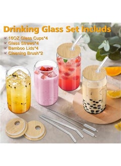 HOOKOR Glass Cups with Bamboo Lids and Straws, 16OZ Ice Coffee Cup, Drinking Cup set with Wooden Lids, Home Essential Glass Tumblers for Beer, Cocktail, Tea and Latte (4 Pack)  - Image 2
