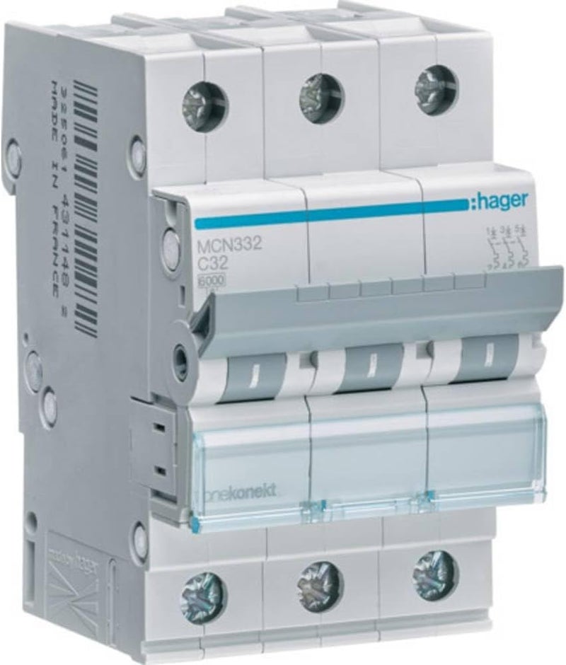 Hager MCB 3P 32A (MCN332) – 3 Pole Miniature Circuit Breaker, Made in EU - Image 1