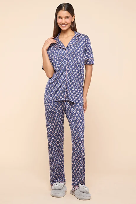 R&B Printed Lapel Collar Pyjama Set