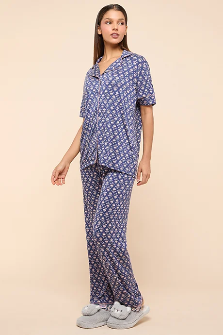 R&B Printed Lapel Collar Pyjama Set