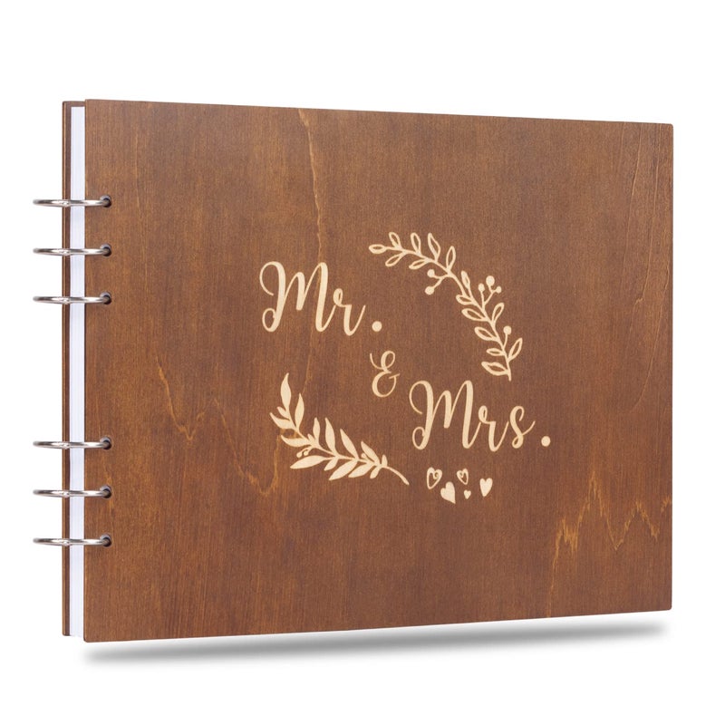 Creawoo Creawoo 85 MrMrs Wooden Guest Book Album Memory Keepsake for Wedding Anniversary Birthday with 120 Blank Pages White Paper Inside