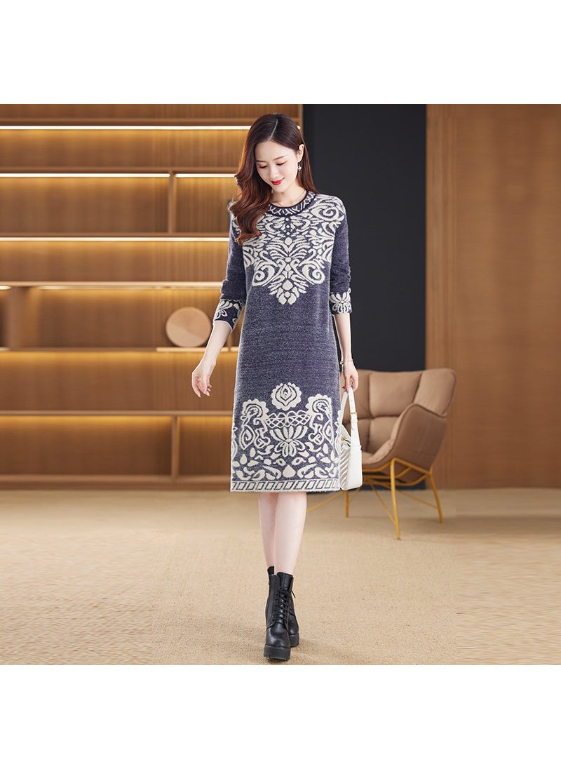 Generic - High-Quality Knitted Midi Dress for Middle-Aged Women plus Size Autumn Winter Warm Wool Blend Frock with Belly Concealment Grey - Image 1