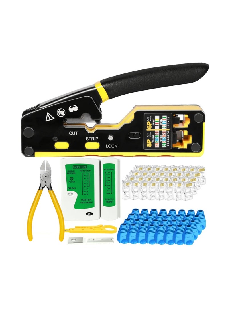 kashemano RJ45 Crimp Tool Kit, Yellow Ethernet Pass Through Crimper, Network Cat5 Cat6 Cat7 Crimping Tool Repair Kit Includes Cable Tester, Mini Stripper, Blades, 50Pcs Connectors and Wire cutting plier - Image 1