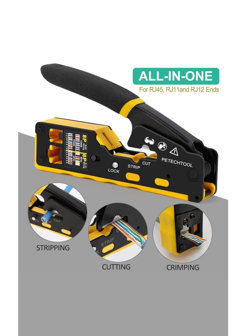 kashemano RJ45 Crimp Tool Kit, Yellow Ethernet Pass Through Crimper, Network Cat5 Cat6 Cat7 Crimping Tool Repair Kit Includes Cable Tester, Mini Stripper, Blades, 50Pcs Connectors and Wire cutting plier - Image 2