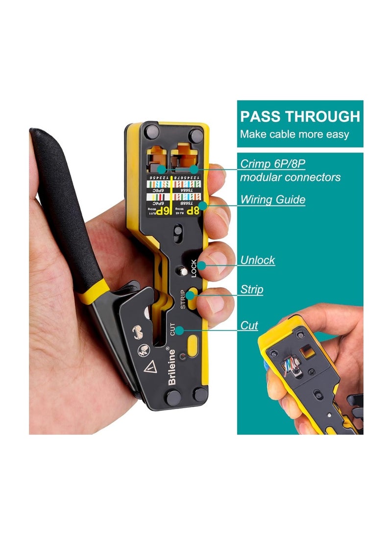 kashemano RJ45 Crimp Tool Kit, Yellow Ethernet Pass Through Crimper, Network Cat5 Cat6 Cat7 Crimping Tool Repair Kit Includes Cable Tester, Mini Stripper, Blades, 50Pcs Connectors and Wire cutting plier - Image 4