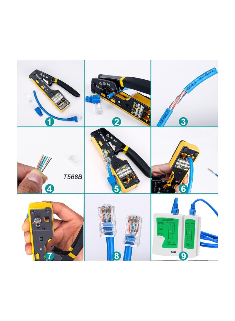 kashemano RJ45 Crimp Tool Kit, Yellow Ethernet Pass Through Crimper, Network Cat5 Cat6 Cat7 Crimping Tool Repair Kit Includes Cable Tester, Mini Stripper, Blades, 50Pcs Connectors and Wire cutting plier - Image 3