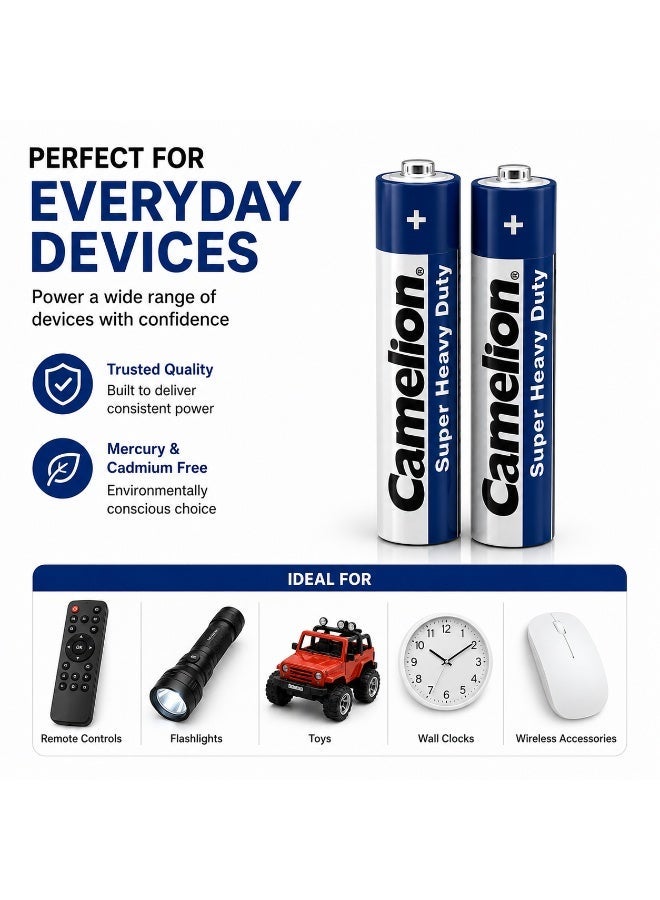 Camelion AAA Super Heavy Duty Batteries 2 Pack, 1.5V Zinc Carbon Triple A Dry Cell Battery for TV Remote Controls, Wall Clocks, Toys, Radios, Flashlights & Everyday Household Devices - Image 3