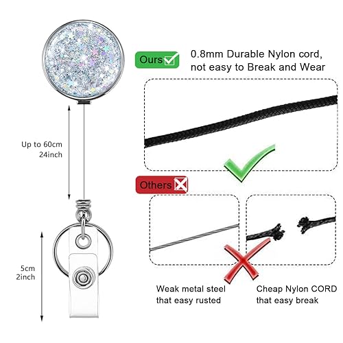 HASFINE 2 Pack Retractable Badge Reel with Key Ring & Belt Clip - Glittery Silver Lightweight Plating Design Badge Holder for Nurses, Volunteers, Teachers, and Students - Image 3