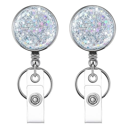 HASFINE 2 Pack Retractable Badge Reel with Key Ring & Belt Clip - Glittery Silver Lightweight Plating Design Badge Holder for Nurses, Volunteers, Teachers, and Students - Image 1