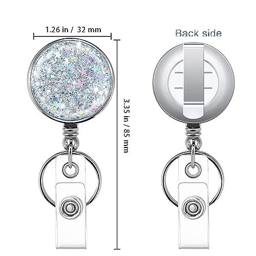 HASFINE 2 Pack Retractable Badge Reel with Key Ring & Belt Clip - Glittery Silver Lightweight Plating Design Badge Holder for Nurses, Volunteers, Teachers, and Students - Image 4