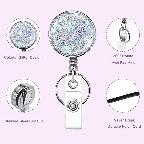 HASFINE 2 Pack Retractable Badge Reel with Key Ring & Belt Clip - Glittery Silver Lightweight Plating Design Badge Holder for Nurses, Volunteers, Teachers, and Students - Image 2