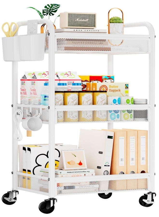 YASONIC 3 Tier Rolling Cart - Metal Utility Storage Cart with Wheels, Craft Carts Organizer with Hanging Cups, Hooks, Mesh Basket for Bedside Kitchen Office Art, White - Image 1