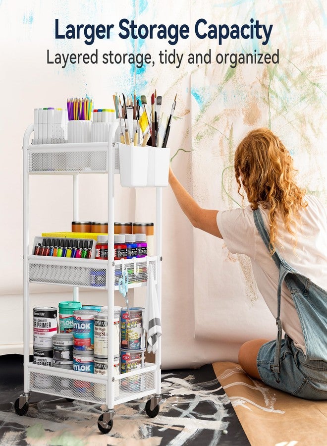 YASONIC 3 Tier Rolling Cart - Metal Utility Storage Cart with Wheels, Craft Carts Organizer with Hanging Cups, Hooks, Mesh Basket for Bedside Kitchen Office Art, White - Image 5