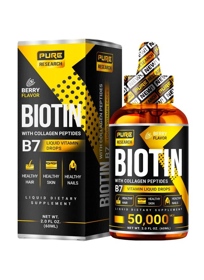 PURE RESEARCH - Liquid Biotin & Collagen Hair Growth Drops 50000Mcg Biotin And Liquid Collagen Supplements For Women & Men Supports Glowing Skin Healthy Hair & Nail Growth (2Fl Oz) - Image 1