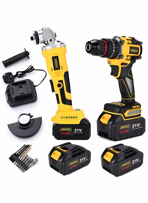 JINSOO high-power rechargeable wireless grinding machine, 3/8-inch brushless electric drill, with lithium battery and charger, industrial-grade Angle grinding machine and electric drill 2-in-1 multi-functional set