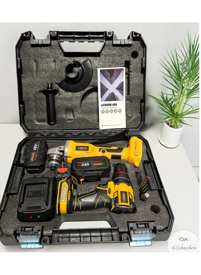 جينسو آلة طحن لاسلكية عالية القدرة قابلة لإعادة الشحن من طراز جينسو، مثقاب كهربائي بدون فرشاة 3/8 بوصة، مع بطارية وشاحن ليثيوم، وآلة طحن ذات زاوية صناعية، وجهاز ثقب كهربائي 2 في 1 متعدد الوظائف - Image 1