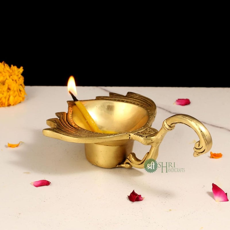 INDICAST Brass Puja Aarti Oil Diya with Long Handle Flower Design Deepak Gift for Diwali Navratri Festivals Diyas for Home Office Mandir Diwali Puja Room_Gold - Image 1