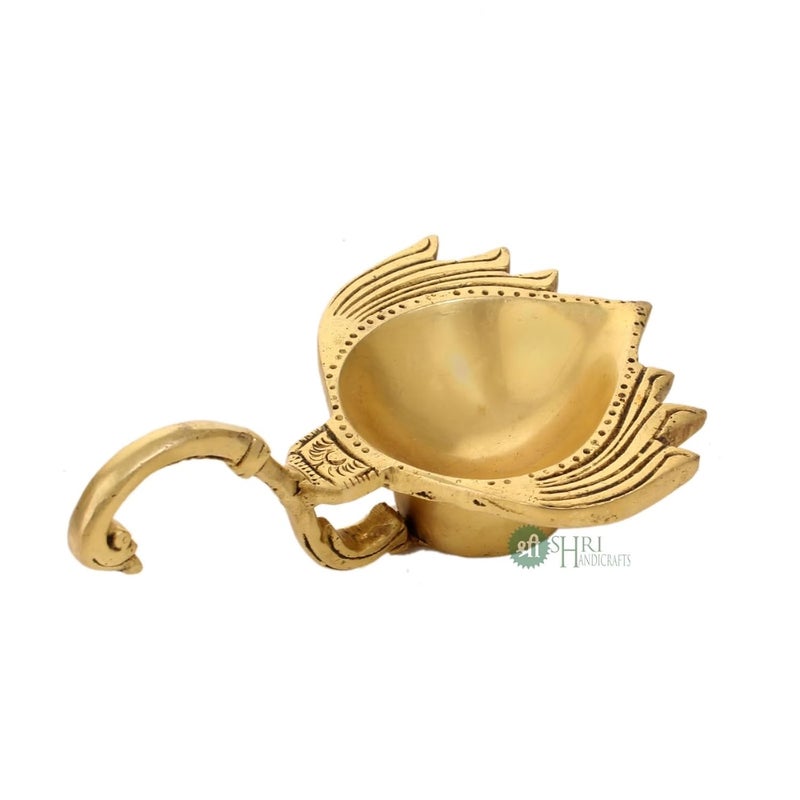 INDICAST Brass Puja Aarti Oil Diya with Long Handle Flower Design Deepak Gift for Diwali Navratri Festivals Diyas for Home Office Mandir Diwali Puja Room_Gold - Image 3