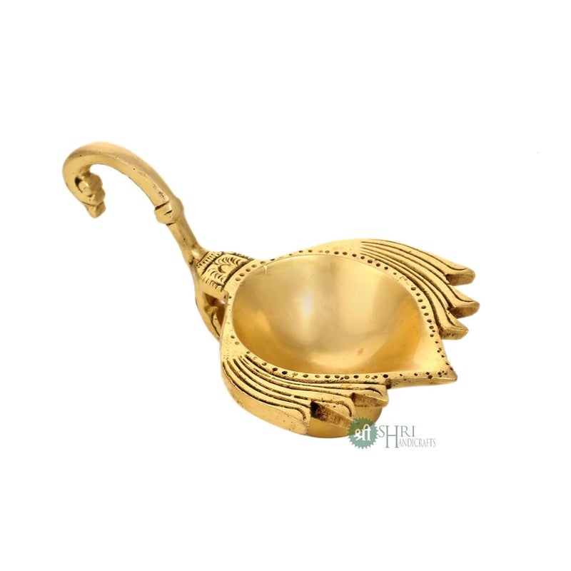 INDICAST Brass Puja Aarti Oil Diya with Long Handle Flower Design Deepak Gift for Diwali Navratri Festivals Diyas for Home Office Mandir Diwali Puja Room_Gold - Image 2