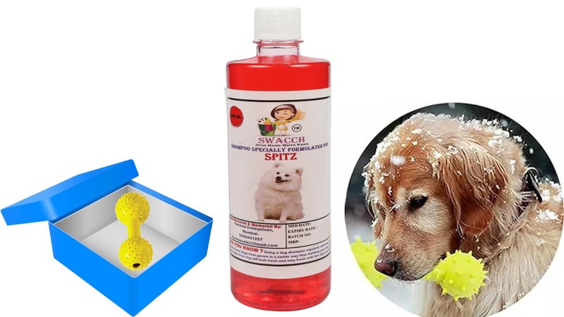 swacch Spitz Dog Shampoo + Dumbbell Toy I Durable Rubber Dog Toy for Chewing I Playing,Teeth Cleaning & Training Toy I Combo Pack I 500ml Jasmine - Image 1