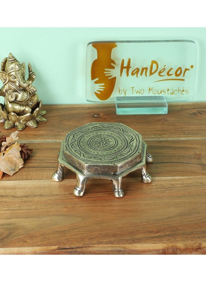 Two Moustaches Ethnic Design Round Chowki Over 8 Legs, Material - Brass, Antique White, Religious - Image 4