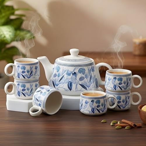 CRAF10 Handcrafted Ceramic Stylo Blue Teapot Cup Set - 1 Kettle (1 Litre) & 6 Cups (160 ML), Microwave & Dishwasher Safe | Morning Set | Tea Sets with Kettle for Gifting - Image 3