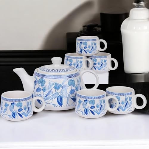 CRAF10 Handcrafted Ceramic Stylo Blue Teapot Cup Set - 1 Kettle (1 Litre) & 6 Cups (160 ML), Microwave & Dishwasher Safe | Morning Set | Tea Sets with Kettle for Gifting - Image 2