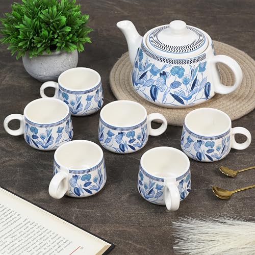 CRAF10 Handcrafted Ceramic Stylo Blue Teapot Cup Set - 1 Kettle (1 Litre) & 6 Cups (160 ML), Microwave & Dishwasher Safe | Morning Set | Tea Sets with Kettle for Gifting - Image 1